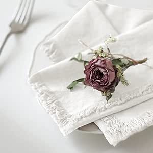 Ayuzawa Handmade Cloth Napkins 100% Cotton Napkins with Fringe,Delicate Handmade Cloth Napkins for Dinners, Parties, Weddings and More,18 x 18 Inch Set of 4 - White