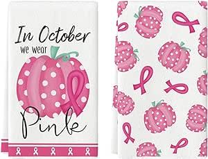 Artoid Mode Pink Punpkin Breast Cancer Kitchen Towels Dish Towels, 18x26 Inch Awareness Ribbon Decoration Hand Towels Set of 2