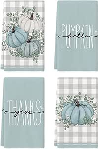 Artoid Mode Blue Eucalyptus Leaves Hello Pumpkin Fall Kitchen Towels Dish Towels, 18x26 Inch Seasonal Give Thanks Decoration Hand Towels Set of 4