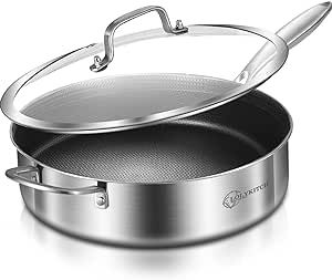 LOLYKITCH 6 QT Tri-Ply Stainless Steel Non-stick Saute Pan with Lid,12 Inch Deep Frying pan,Large Skillet,Jumbo Cooker,Induction Pan,Dishwasher and Oven Safe.
