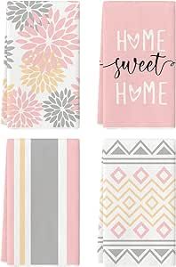 Artoid Mode Pink Stripes Home Sweet Home Boho Kitchen Towels Dish Towels, 18x26 Inch Wedding Decoration Hand Towels Set of 4