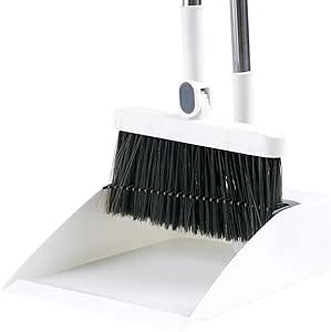 LUMDERIO Broom and Dustpan Set for Home, Long Handle Broom with Dustpan Combo Set,Dust Pan and Broom Combo for Kitchen Office Lobby Floor, White