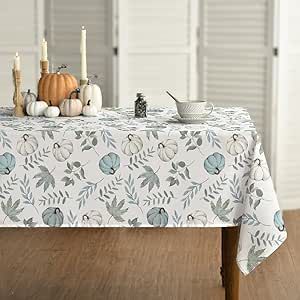 Horaldaily Fall Tablecloth 60x84 Inch Rectangular, Thanksgiving Autumn Harvest Blue Pumpkins and Leaves Table Cover for Party Picnic Dinner Decor