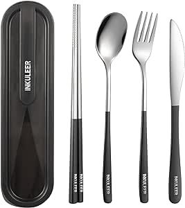 INKULEER Travel cutlery set, 18/8 stainless steel cutlery, Reusable utensils set with case, Portable Silverware Lunch Box for Camping and Office(Black/knife set)