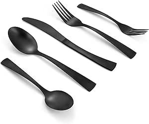 VANVRO Matte Black Silverware Set, 20-Piece Stainless Steel Flatware Set, Satin Finish tableware Cutlery Set Service for 4, Include Knives/Forks/Spoons, Dishwasher Safe