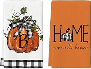 Artoid Mode Pumpkin Monogram Letter B Fall Kitchen Towels Dish Towels, 18x26 Inch Buffalo Plaid Bow Home Sweet Home Decoration Hand Towels Set of 2