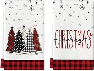 Artoid Mode Black Red Buffalo Plaid Merry Christmas Kitchen Towels Dish Towels, 18x26 Inch Seasonal Winter Xmas Trees Star Decoration Hand Towels Set of 2