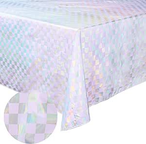 xo, Fetti Purple and Iridescent Checkered Washable Tablecloth - 9 ft. | Birthday Party Decorations, Disco Bachelorette Party Supplies, Retro Tableware, Cute Table Cover