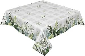 YOKOU Rectangle Tablecloth, Summer Eucalyptus Leaf Farm Decor Leaves Spring Gray Buffalo Plaid Waterproof Wrinkle Resistant Dinning Table Cloth Cover for Outdoor and Indoor, 54x54 Inch