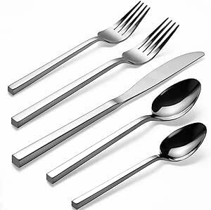 Alata Cube 20-Piece Forged Stainless Steel Flatware Set Cutlery Set,Silverware Set Service for 4,Mirror Finish,Dishwasher Safe