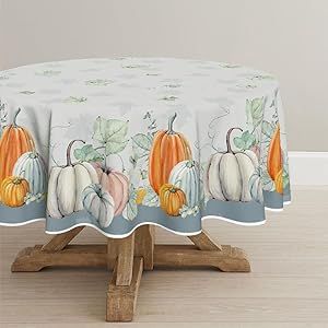 Horaldaily Fall Tablecloth 70x70 Inch Round, Thanksgiving Autumn Harvest Orange Watercolor Pumpkins Blue Table Cover for Party Picnic Dinner Decor
