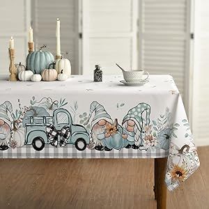 Horaldaily Fall Tablecloth 60x84 Inch Rectangular, Thanksgiving Autumn Harvest Blue Truck Gnome Pumpkin Buffalo Plaid Table Cover for Party Picnic Dinner Decor