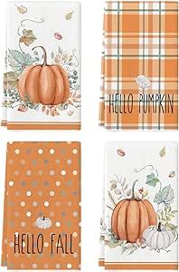 Artoid Mode Orange Watercolor Stripes Hello Pumpkin Fall Kitchen Towels Dish Towels, 18x26 Inch Leaves Decoration Hand Towels Set of 4