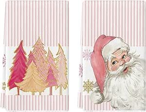 Artoid Mode Pink Santa Claus Trees Christmas Kitchen Towels Dish Towels, 18x26 Inch Seasonal Winter Xmas Decoration Hand Towels Set of 2