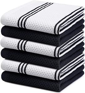 Homaxy 100% Cotton Waffle Weave Stripe Dish Cloths, 12 x 12 Inches, Super Soft and Absorbent Dish Towels Quick Drying Dish Rags, 6-Pack, White & Black