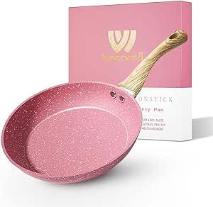 Frying Pan Nonstick, 8 Inch Pink Egg Pan, Non Stick Fry Pan 100% PTFE PFOA-Free Omelet Pan, Toxin-Free Skillets Stone Cookware, Anti-Warp Base with All Stove Tops Available, Induction Compatible
