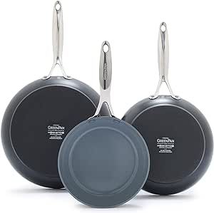GreenPan Valencia Pro Hard Anodized Healthy Ceramic Nonstick 8" 9.5" and 11" Frying Pan Skillet Set, PFAS-Free, Induction, Dishwasher Safe, Ovens Safe, Gray