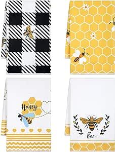 Honey Bee Kitchen Hand Towel, Honeycomb Bath Tea Towels, Polyester Dish Cloths Absorbent for Bathroom Home 16 x 24 Inches, 4 Pcs (Black)