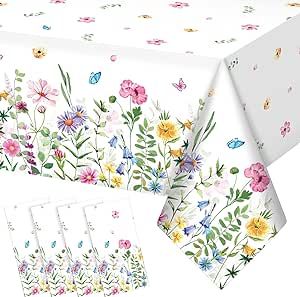 4Pcs Spring Floral Plastic Tablecloth,Pink Purple Blue Flower Butterfly Disposable Table Cover for Home Decor Summer Spring Picnic Dining Holiday Weeding Birthday Tea Party Decorations,54x108 Inch