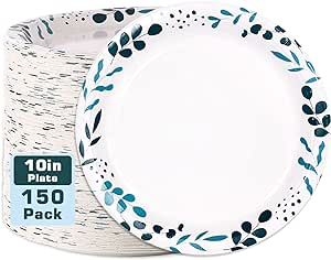 VEIZEDD 150 Pack Paper Plates 10 inch Disposable Dinner Plates, Heavy Duty Paper Plates Bulk for Daily Meals Birthday Weddings Camping Events