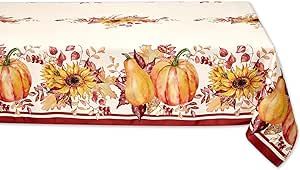 YiHomer Brilliant Autumn Double Border Thanksgiving Tablecloth, Joy of Harvest Fall Pumpkin and Sunflower Cottage Print Easy Care Fabric Table Cloth, 60 x 102 Inch Rectangle