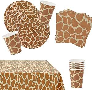 Giraffe Themed Party Supplies for 16 guests, Giraffe pattern tableware, Giraffe Plates, Cups, Napkins and Tablecloth