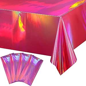 4 Pack Hot Pink Iridescence Plastic Tablecloths Shiny Disposable Laser Rectangle Table Covers Holographic Foil Tablecloth Party Decorations Birthday Bridal Wedding Christmas, 54 x 108 Inch