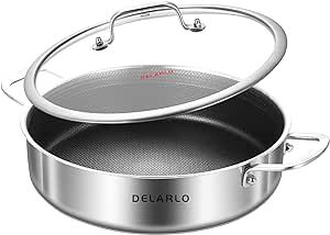 DELARLO Tri-Ply Stainless Steel Saute Pan 6 Quarts Deep Frying Pan, 12 inch Induction Compatible Chef Cooking Pan, Saute Pan with lid, Dishwasher & Oven Safe