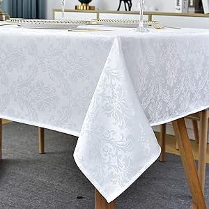 Rectangle Table Cloth - 60 x 84 Inch White Jacquard Tablecloths Damask Design Spillproof Wrinkle Resistant Shrinkproof Soft Tablecloth Polyester Oblong Table Cover for Kitchen Dinning Party Tabletop
