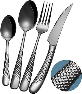 Xideman 16-Piece ?Modern Black Hammered Silverware Set with Ultra Sharp 2-IN-1 Serrated Knive, 18/10 Stainless Steel Flatware Set, Titanium ?Plated Cutlery Set Service for 4, Reusable, Dishwasher Safe