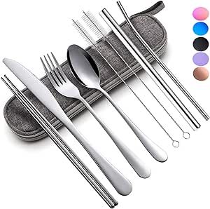 Reusable Utensils Set with Case Portable Travel Utensils Cutlery Set Stainless Steel Flatware Set for Camping 8pcs Including Dinner Knife Fork Spoon Chopsticks Boba Straw (Silver)