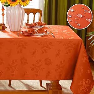 SASTYBALE Fall Tablecloths for Rectangle Tables 52 x 70 Inches, Rust Damask Thanksgiving Table Cloth, Wipeable Anti-Wrinkle Polyester Farmhouse Table Covers for Harvest Party Holiday Dining Decor