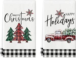 Artoid Mode Black White Buffalo Plaid Truck Christmas Trees Kitchen Towels Dish Towels, 18 x 26 Inch Winter Holiday Ultra Absorbent Drying Cloth Tea Towels for Cooking Baking Set of 2