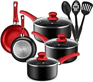 AHEIM Pots and Pans Set, Aluminum Nonstick Cookware Set, Fry Pans, Casserole with Lid, Sauce Pan, and Utensils, 11 Piece Cooking Set