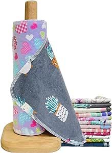 Gecocious Paper Towels Reusable Cotton Cloths-12 PACK Surprise Prints Absorbent Kitchen Cloth Paper Towels Washable Roll-Zero Waste Alternative Napkins 10x12 Inches (Only Towels)