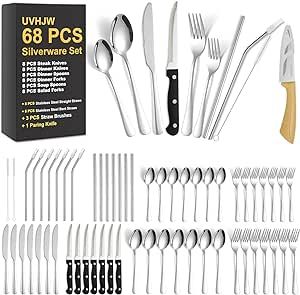 68 Pieces Silverware Set with Steak Knives, Stainless Steel Flatware Cutlery Set Service for 8, Tableware Knives Spoons Forks, Home Kitchen Serving Utensil Set, Mirror Polished Dishwasher Safe