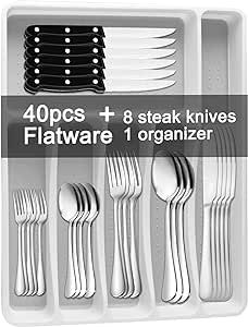 49-Piece Silverware Set for 8 with Flatware Drawer Organizer, Durable Stainless Steel Cutlery, Mirror Polished Kitchen Utensils Tableware Service with Steak Knives Dinner Fork Knife Spoon & Tray