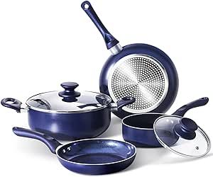 6 Pieces Pots and Pans Set,Aluminum Cookware Set, Nonstick Ceramic Coating, Fry Pan, Stockpot with Lid, Blue