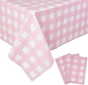 Kesfey 3 Packs Pink Gingham Tablecloth Pink and White Checkered Tablecloths 54 x 108 Inches Disposable Plastic Gingham Tablecovers Waterproof Rectangle Picnic Table Covers for Birthday Party Supplies