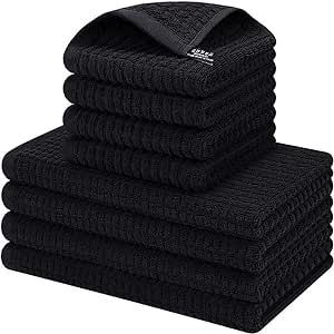 8Pack Kitchen Dish Towels ,100% Cotton Dish Cloths, Super Soft,Super Absorbent and Quick Drying Anti Odor,Very Suitable for Kitchen Cooking and Cleaning Kitchenware Washing,Drying Dishes (Black)