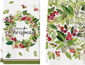 Artoid Mode Holly Berry Leaves Merry Christmas Kitchen Towels Dish Towels, 18x26 Inch Seasonal Winter Xmas Holiday Decoration Hand Towels Set of 2