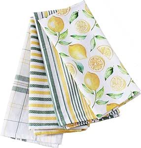 ACCENTHOME Cotton Kitchen Towels Set of 4 - Absorbent Dish Towels Set | Tea Towels | Bar Towels | Lemon Yellow Printed Kitchen Dish Towels - Multi Purpose Kitchen Linen, Drying Dish Hand Towels 20x28