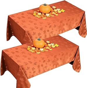 Preboun 2 Pcs Rectangle Fall Tablecloth Thanksgiving Tablecloth Maple Leaf Parties Table Cover Fall Thanksgiving Rectangle Tablecloth Rectangular Leaves Fabric Table Cloth, Rust(60 x 104 Inch)