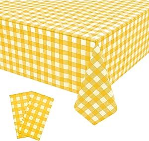 2 Pack Yellow Gingham Tablecloth Decorations, Yellow and White Checkered Background Disposable Plastic Tablecloth, 54 x 108 Inch Tablecloth for Birthday Party, Outdoor Dinner, Holiday Party Deco
