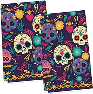 Artoid Mode Sugar Skulls Marigolds Leaves Day of The Dead Kitchen Towels Dish Towels, 18x26 Inch Halloween Seasonal Decoration Hand Towels Set of 2