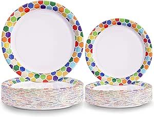 Boocikey 10 inch Paper Plates, 100 Count Heavy Duty Paper Plates Disposable Serve 50 Guests, Large Paper Plates Bulk 8 inch for Rainbow Pastel Party Dinner Picnic Daily Use
