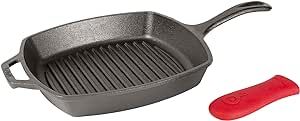 Lodge L8SGP3ASHH41B Cast Iron Square Grill Pan with Red Silicone Hot Handle Holder, Pre-Seasoned, 10.5-inch