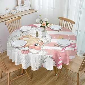 Christmas Round Tablecloth 54 Inch - Waterproof Fabric Table Cloth Protector, Pink Striped Santa Snowflake Merry Christmas Tablecloths Washable Table Cover for Kitchen Banquet Coffee Table Party