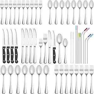 56 Pcs Silverware Set with Steak Knives and Metal Straw for 8,Stainless Steel Flatware Set, Mirror Polished Cutlery Utensil Set, Home Kitchen Eating Tableware Set,Fork Knife Spoon Set,Dishwasher Safe