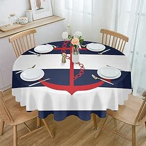 Nautical Red Anchor Table Cloth for Round Tables Coastal Navy Blue White Stripes Spill-proof Waterproof Circle Tablecloth Dinner Tabletop Covers for Kitchen Dining Room/Restaurant 60" Simplistic